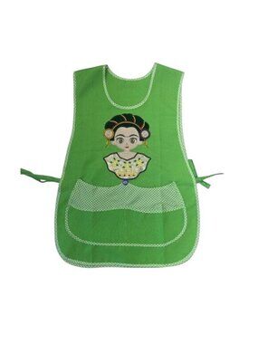 Women Green Polyester Bib Apron Frida-Inspired Embroidery Front Pockets One Size